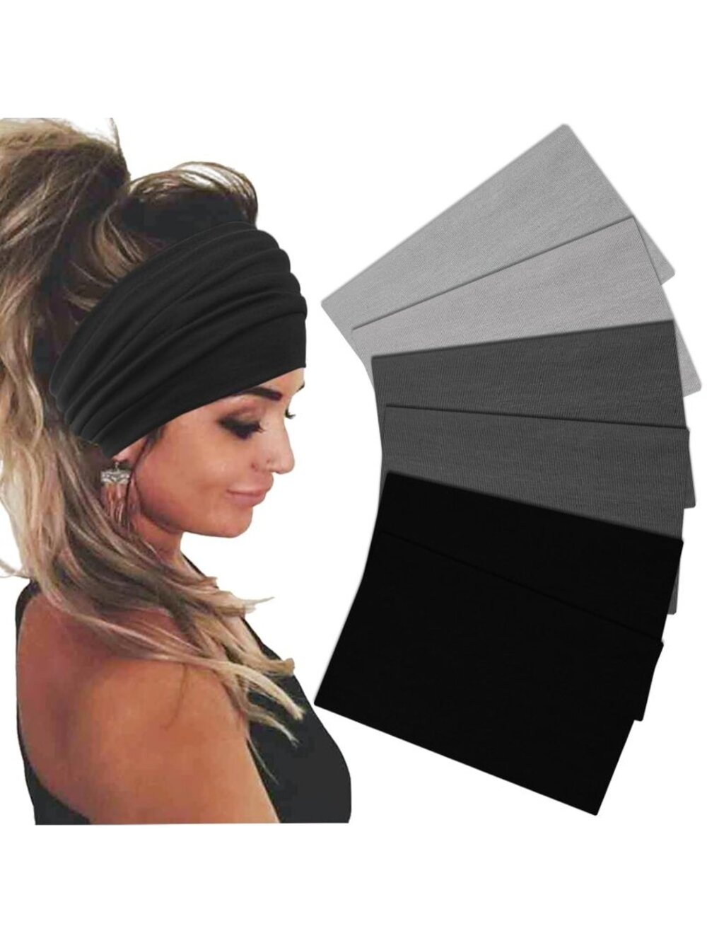 Women Black Gray 6 Pack Stretch Wide Headband Turban Yoga Hairband Accessories